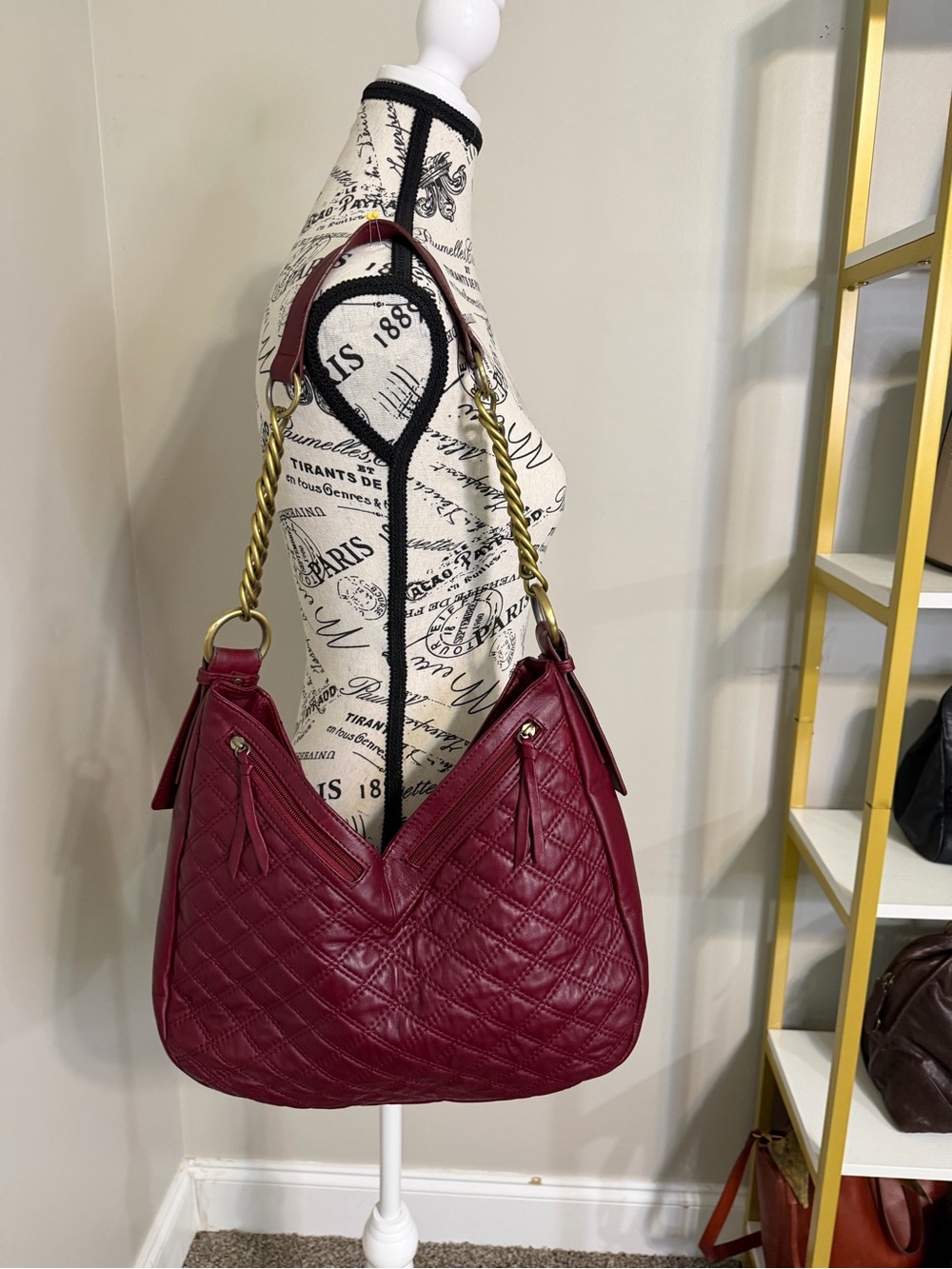 Aqua Madonna Quilted Burgundy Shoulder Bag with Antique Gold Chain Strap